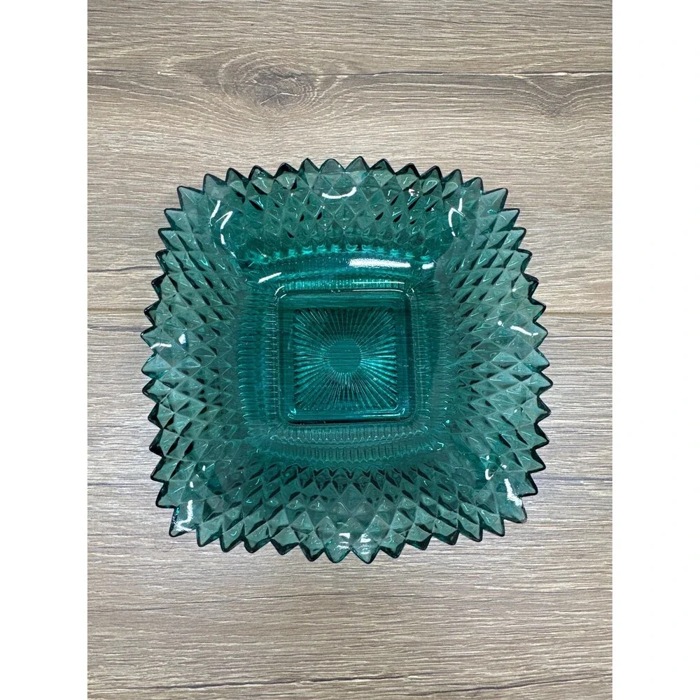 Vintage 1960s Indiana Glass Diamond Point Ruffle Edge Teal Candy Dish, 7 Inches